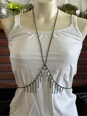 Delicate Black Beaded Body Chain over White Tank